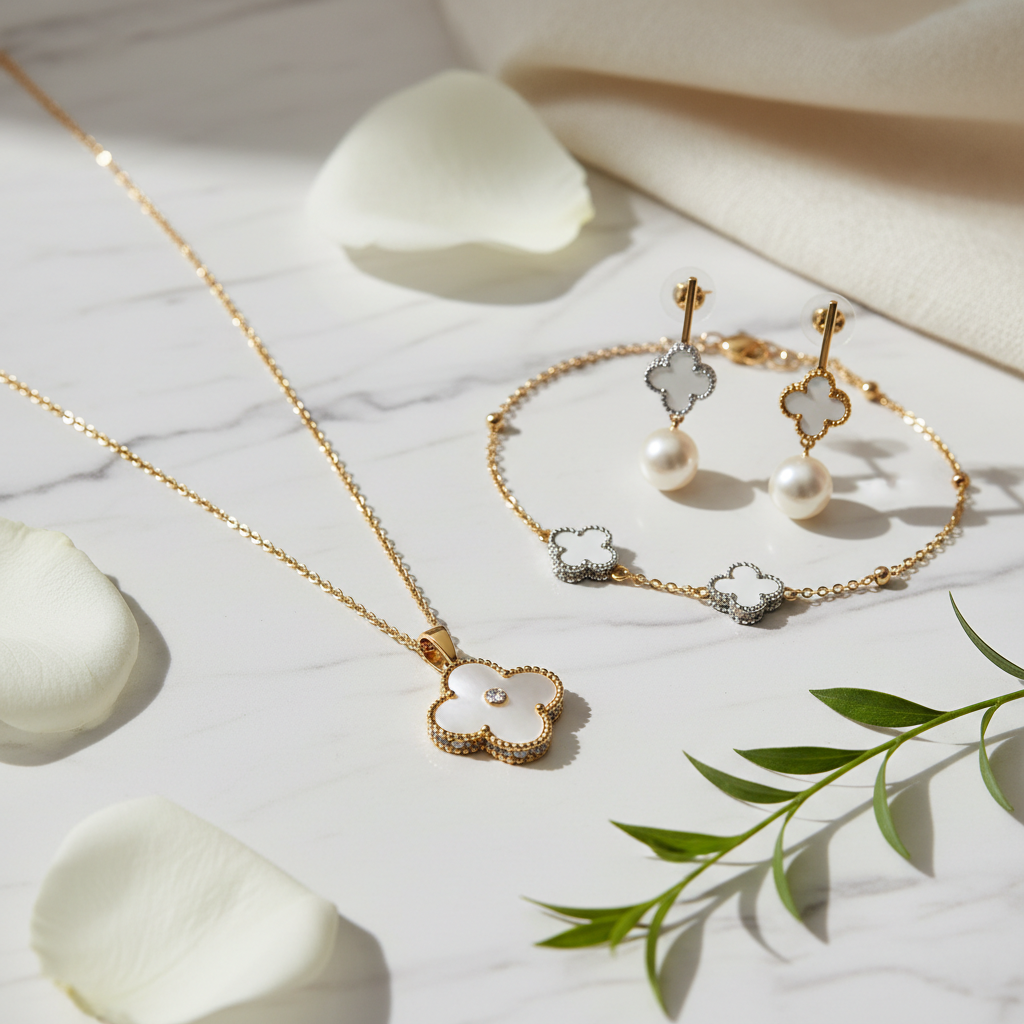 Ensemble Bijoux Trèfle Luxe – Collier Bracelet Bague Boucles